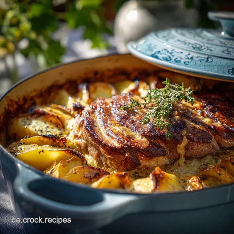 Hearty stew in bowl. Smoky meat contrasts bright vegetables. Sprigs of herbs invite a taste of this slow-cooked perfection.