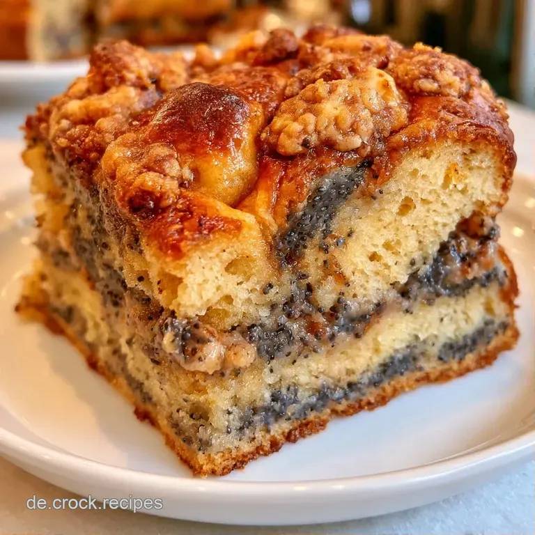 Ein St&uuml;ck dunkler Mohnkuchen auf einer wei&szlig;en Keramikplatte, garniert mit frischen Beeren und goldgelben Kr&uuml;meln.