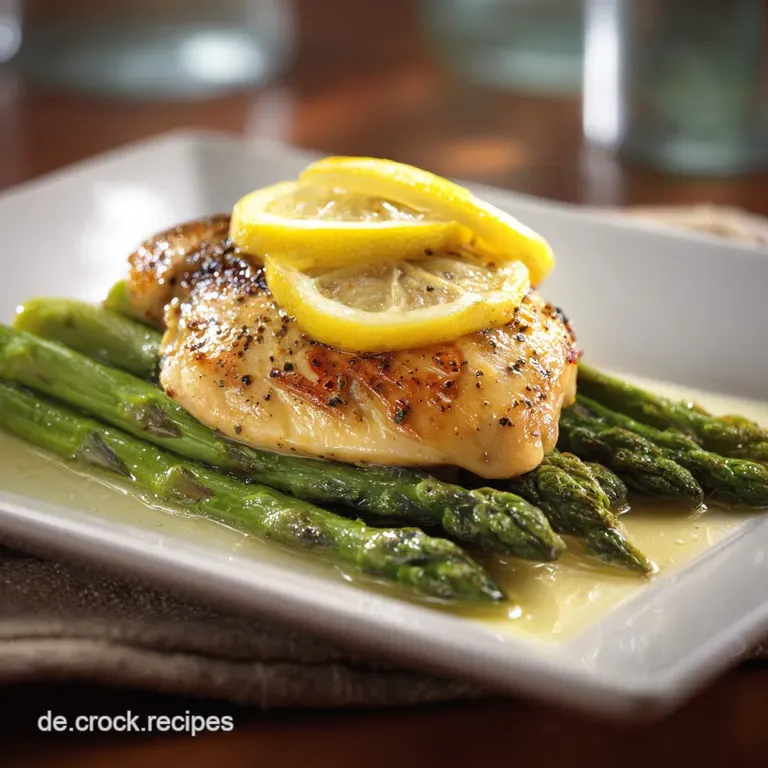 Elegant plate showcasing bright green asparagus spears atop al dente pasta, lemon slice garnish, light sauce, fresh herbs.
