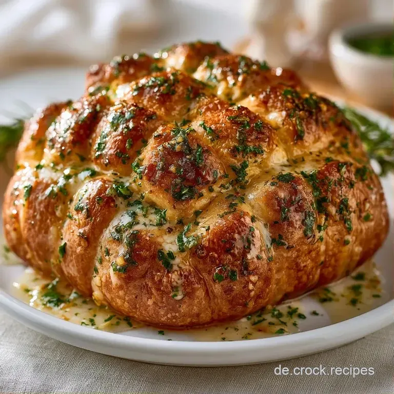 Ein dampfendes, goldgelbes Zupfbrot auf einer schlichten Keramikplatte, garniert mit frischen Kr&auml;utern und gl&auml;nzender Butter.