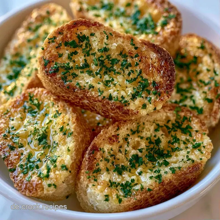 Aufgeschnittene, goldgelbe Baguettescheiben mit frischen Kr&auml;utern auf einer wei&szlig;en Platte, daneben ein Dip-Sch&auml;lchen.