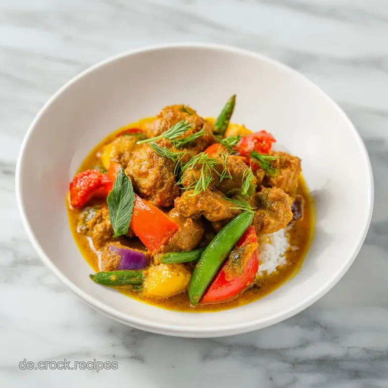 A garnished chicken and vegetable curry, artfully arranged with fresh herbs and a swirl of sauce.