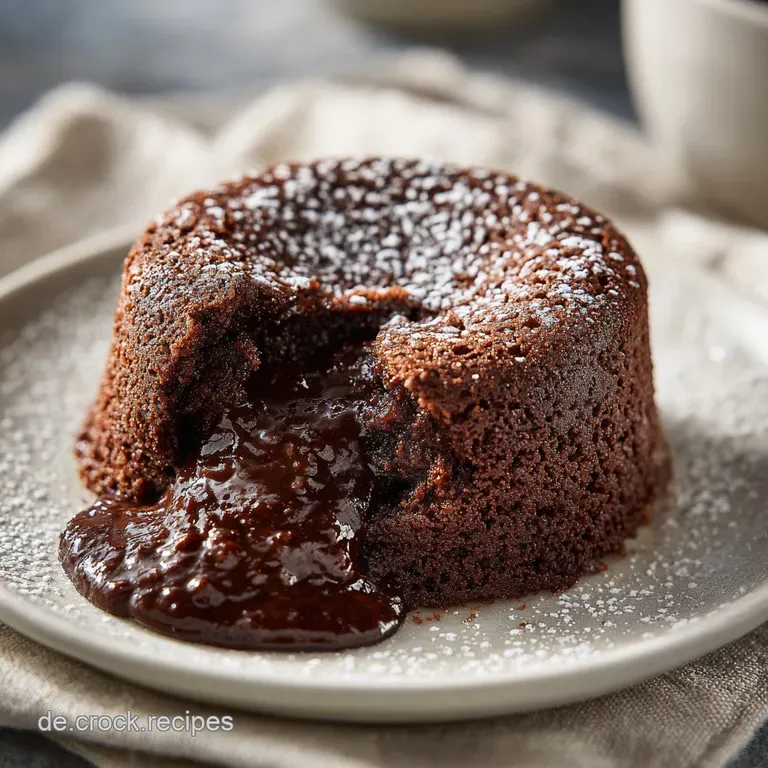 Single lava cake on a white plate; molten chocolate oozing out. Sprig of mint provides vibrant color contrast to the dark ...