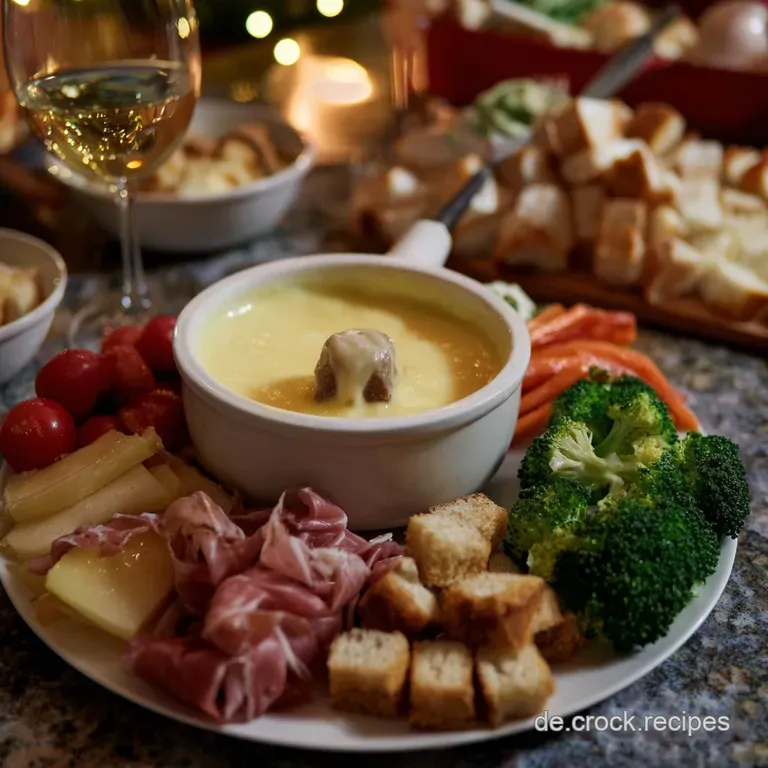 Elegant arrangement of fondue-ready ingredients, with various meats, vegetables, and breads artfully placed, offering a de...