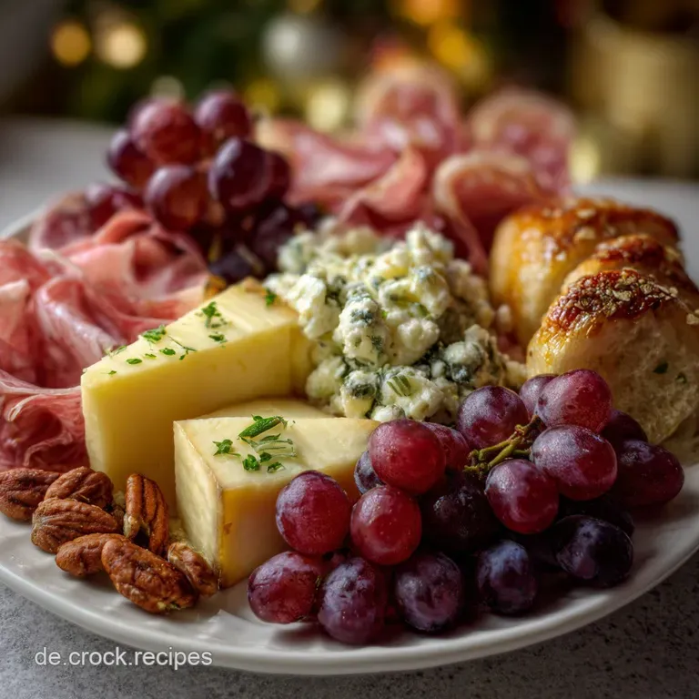 Elegant cheese and meat board, artfully arranged on dark wood. Glistening grapes, creamy cheeses, and savory meats create ...