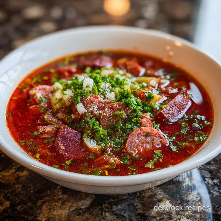 A bowl of vibrant Soljanka, steam rising, garnished artfully with lemon, dill, and a swirl of sour cream.