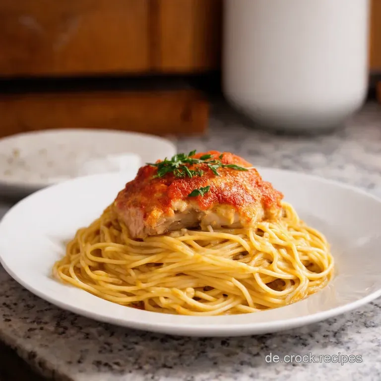 Sonntagsgl&uuml;ck Gebratenes H&auml;hnchen Mit Spaghetti in Parmesantr&auml;umerei presentation