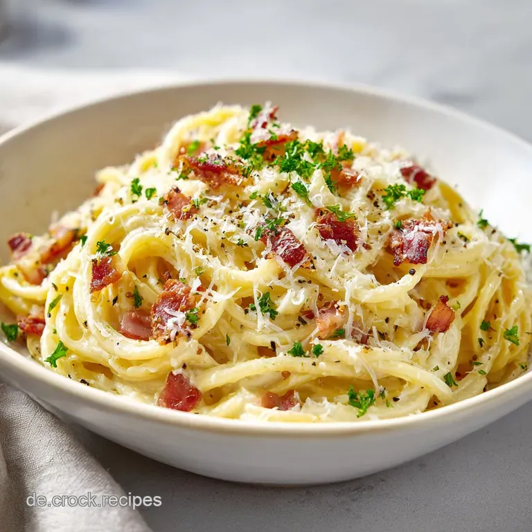 Perfectly twirled spaghetti carbonara on a white plate, garnished with fresh parsley and a dusting of parmesan cheese, inv...