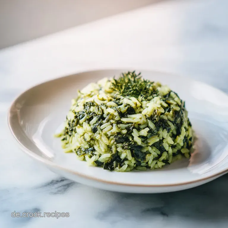 A generous mound of vibrant green spanakorizo, garnished with fresh herbs and a lemon wedge.