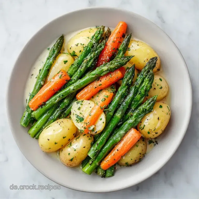 Elegant angerichteter gr&uuml;ner Spargel mit leuchtend orangen Karotten auf einem wei&szlig;en Teller, leicht gl&auml;nzend.