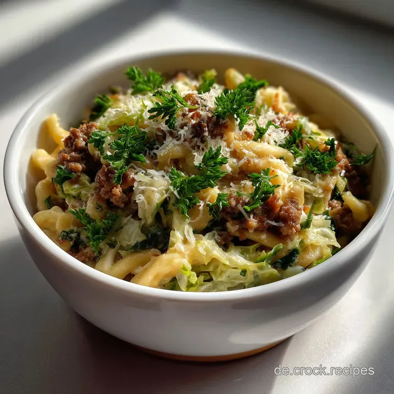 Steaming, rustic sp&auml;tzle and tender cabbage topped with a rich, browned meat sauce. Earthy tones with a comforting texture.