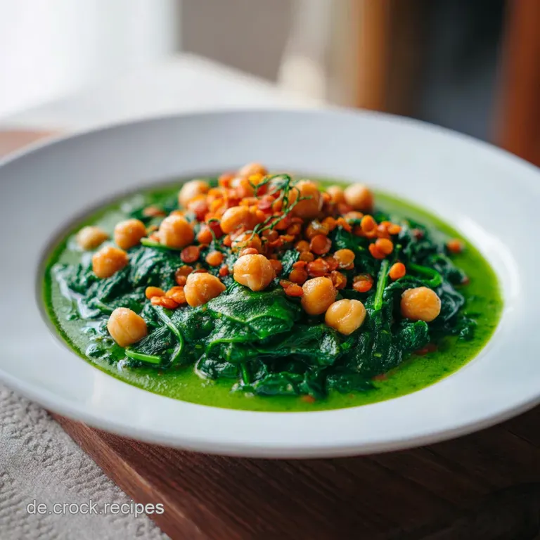 Ein wei&szlig;er Teller pr&auml;sentiert sattes, gr&uuml;nes Linsencurry mit einem cremigen Klecks und frischen, gr&uuml;nen Kr&auml;utern.