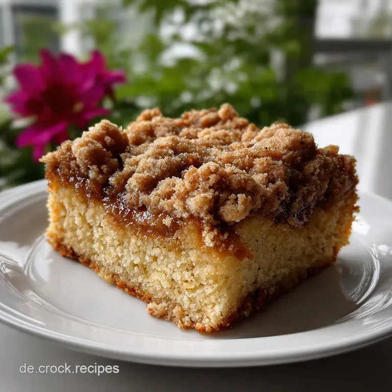 Golden, crumbly streusel topping piled high on a light, fluffy cake, dusted with powdered sugar and artfully plated.