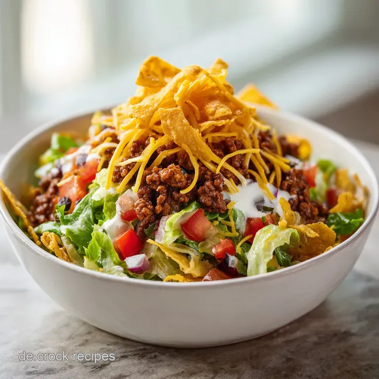 Individual taco salad bowl featuring layers of crisp lettuce, seasoned ground beef, cheddar cheese, and a dollop of sour c...