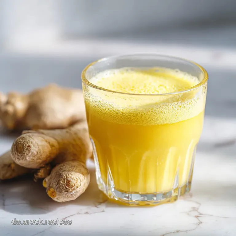 Clear glass shot filled with luminous amber liquid, topped with a tiny mint sprig.