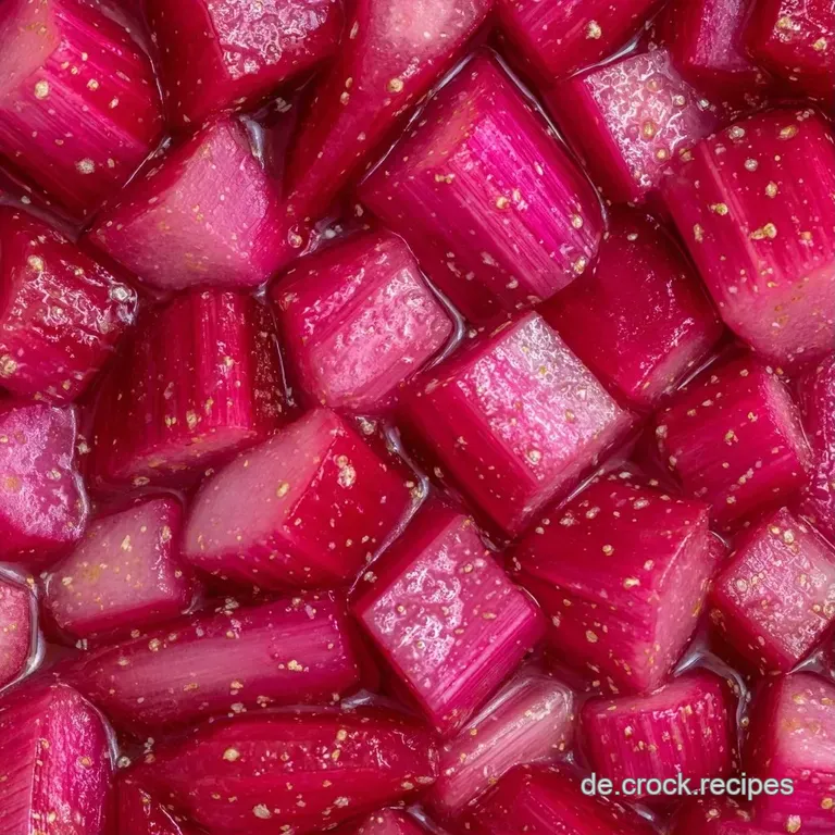 Elegante Anrichtung von gl&auml;nzenden, rosa Rhabarberst&uuml;cken auf einem wei&szlig;en Porzellanteller mit frischem Minzblatt.