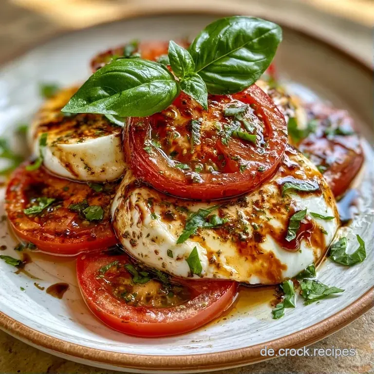 Elegante Anordnung von roten Tomaten und wei&szlig;em K&auml;se, verfeinert mit dunklem Balsamico und gl&auml;nzendem Oliven&ouml;l-Finish.