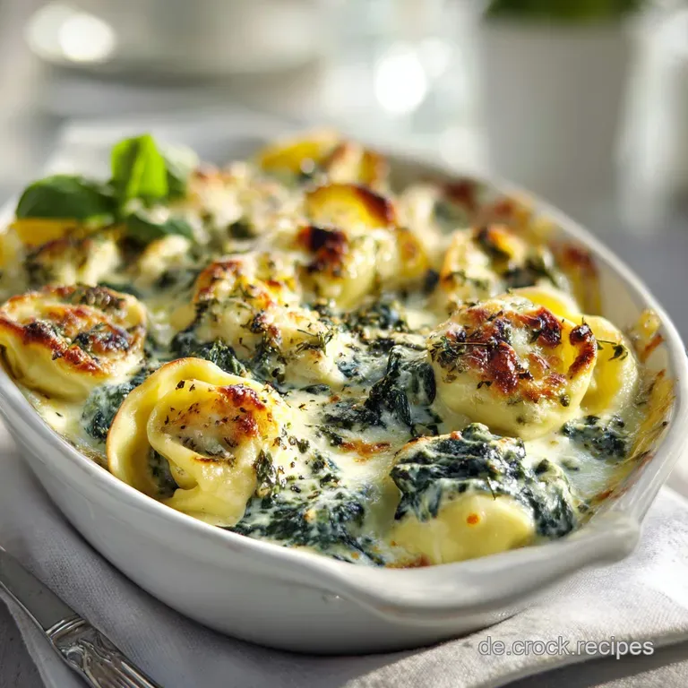 Creamy tortellini bake in a white dish, portion served with a sprinkle of parmesan and fresh basil sprig, inviting and warm.