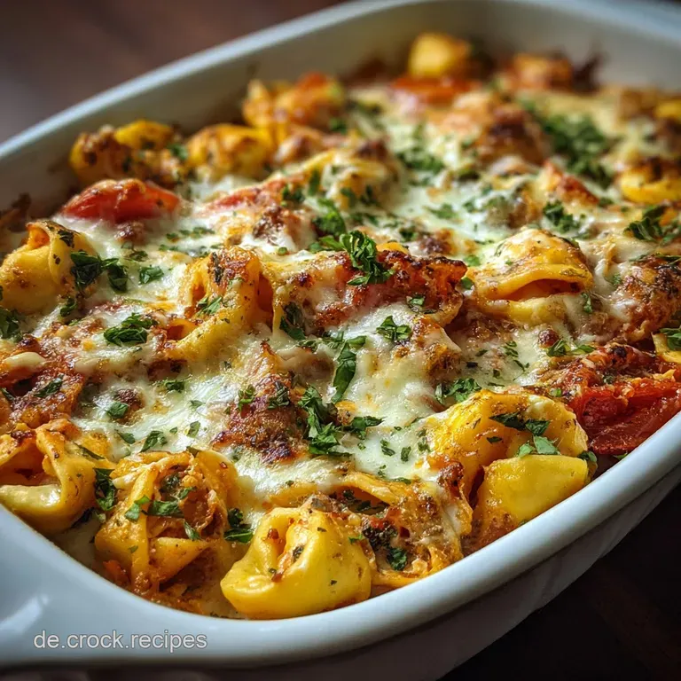 A portion of cheesy tortellini bake, plated and garnished with fresh basil, hints at warm, comforting, savory Italian flav...