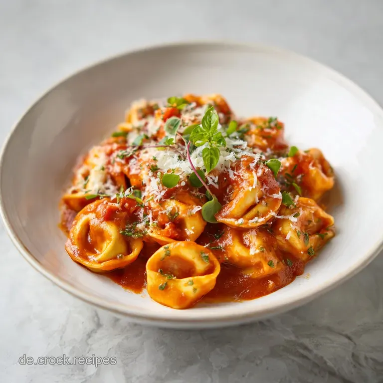 A swirl of cheese-filled tortellini glistening in rich tomato sauce, artfully plated with basil, inviting and flavorful.
