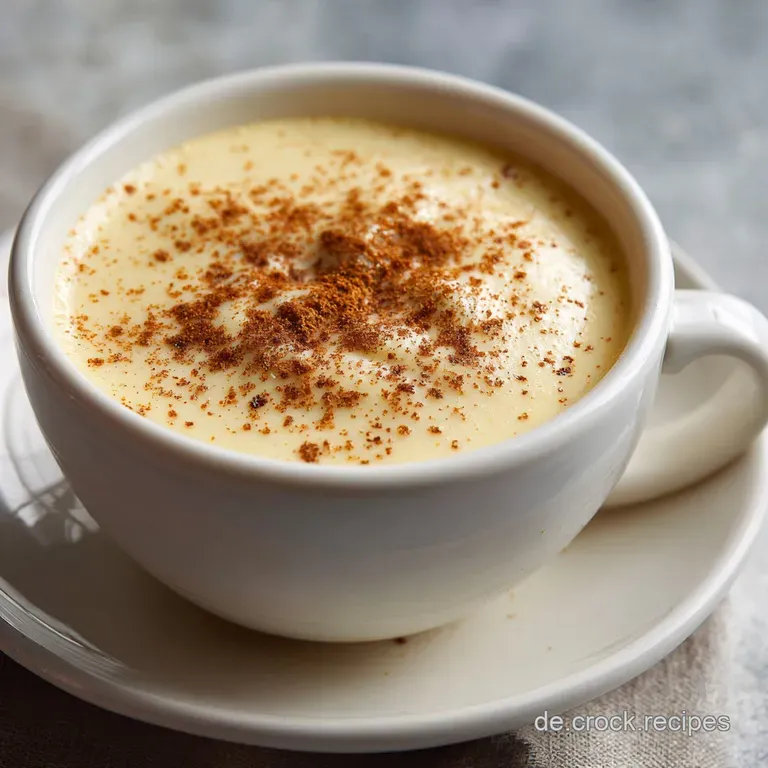 Elegant glass of creamy yellow Eierpunsch, dusted with spice. A star anise sits atop the foamy, light meringue topping.