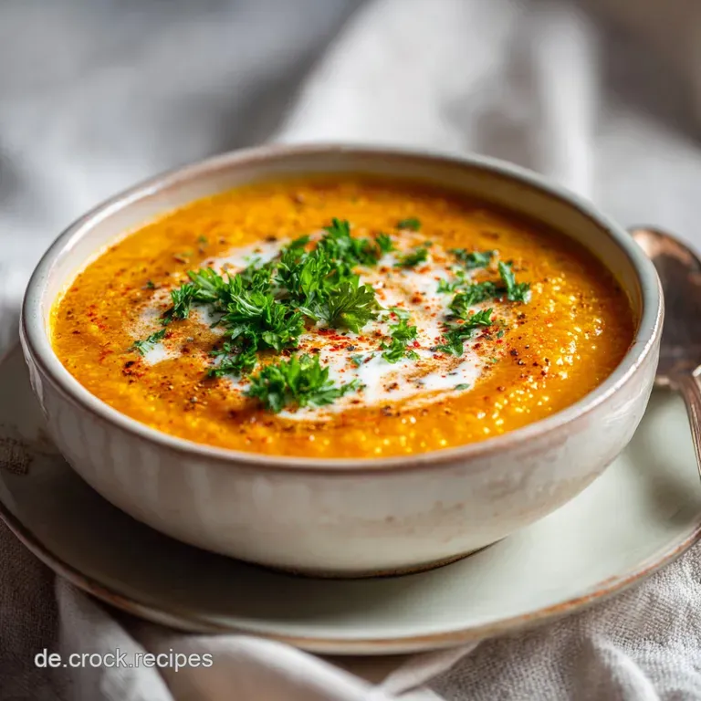 A rustic earthenware bowl filled with rich red lentil soup, garnished with chili flakes and a dollop of yogurt.