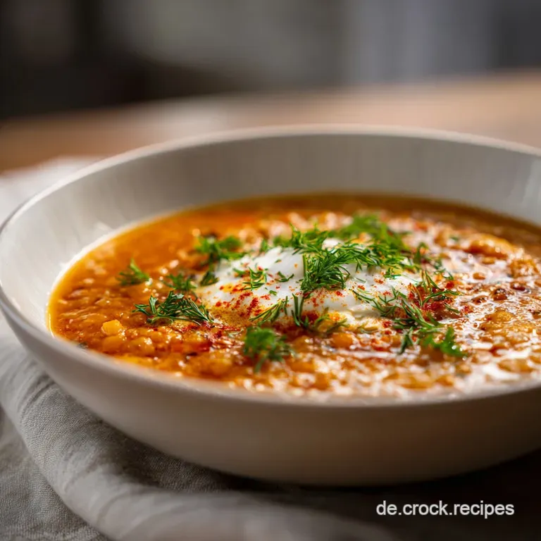 A steaming bowl of rich red lentil soup, garnished with a dollop of bright white yogurt and scattered mint leaves.