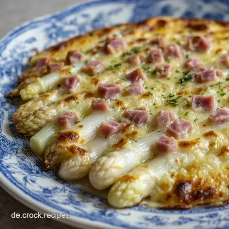 Elegante Anordnung von zartem, wei&szlig;em Spargel mit geschmolzenem K&auml;se und frischer Petersilie auf einer wei&szlig;en Platte.