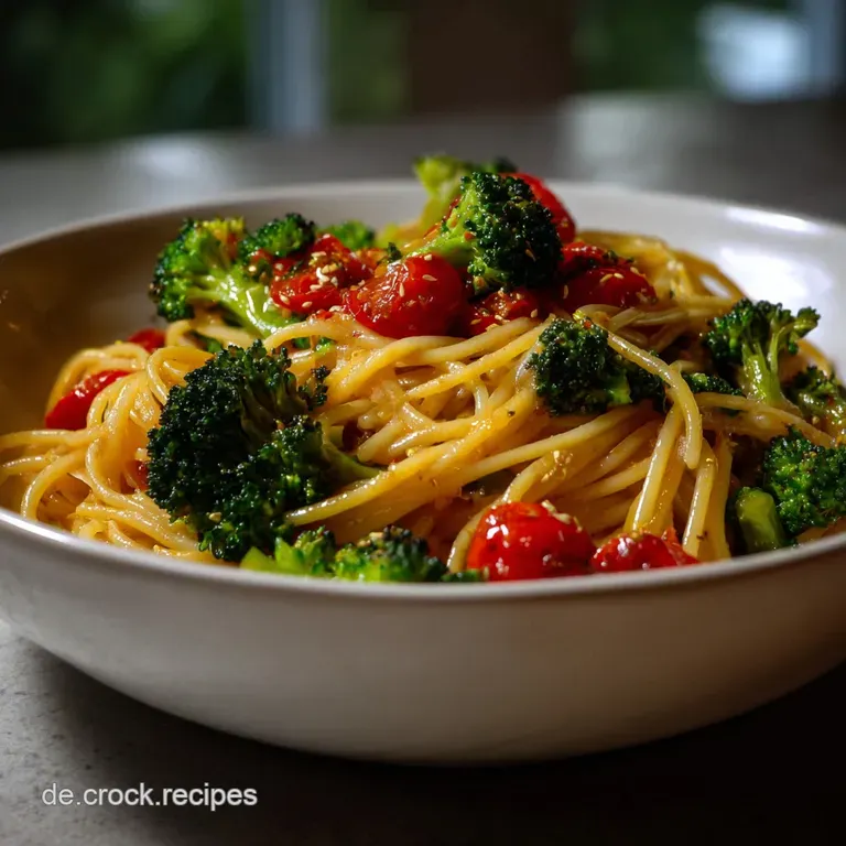 A single serving of pasta elegantly twirled, showcasing the bright green broccoli and rich, glossy sauce on a white plate.