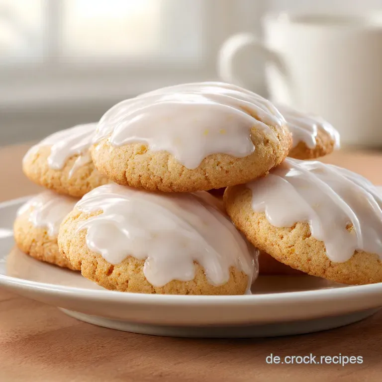 Ein Stapel m&uuml;rber, hellgelber Kekse auf einem wei&szlig;en Porzellanteller, fein best&auml;ubt mit wei&szlig;em Puderzucker.