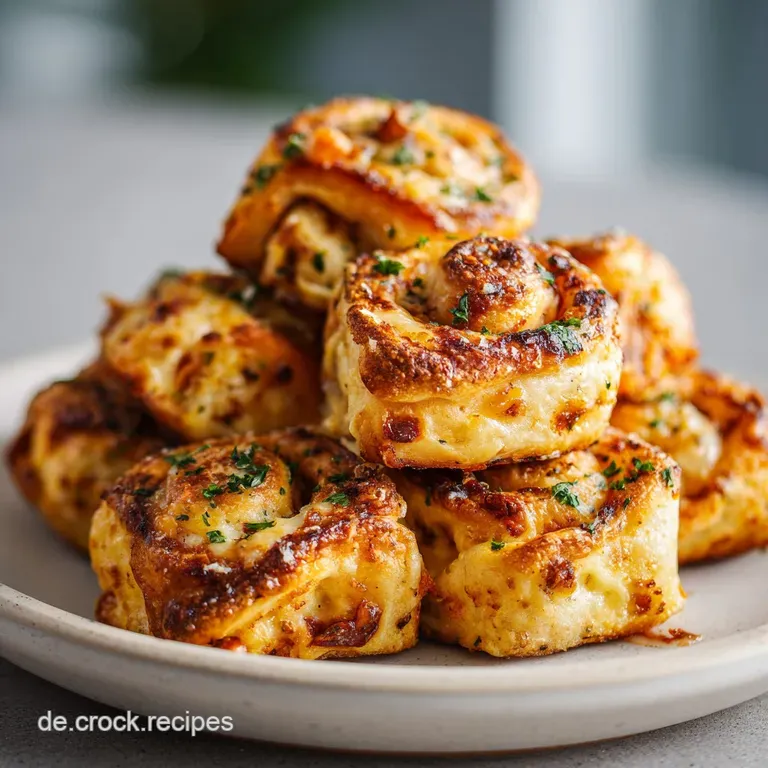 Fluffy golden pizza spirals stacked on a white plate, garnished with fresh basil and a small bowl of red sauce.