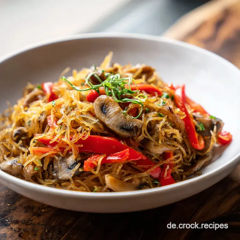 Cremige Pfanne aus goldgelben Nudeln und buntem Gem&uuml;se auf einem wei&szlig;en Teller, garniert mit frischer, gr&uuml;ner Petersilie.