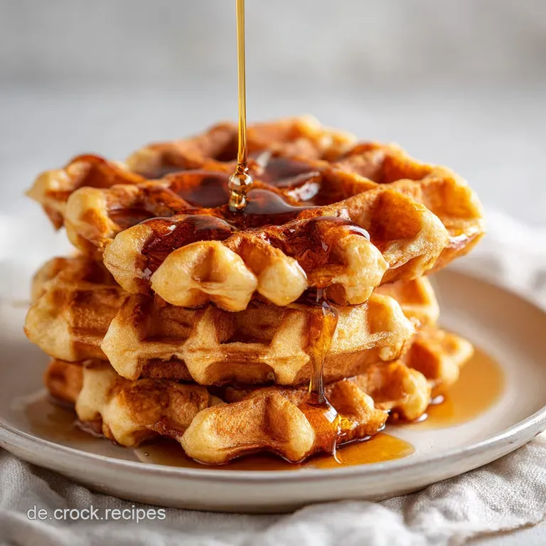 Stapel luftiger, goldgelber Waffeln auf wei&szlig;em Porzellan, daneben ein Zweig Minze und herabflie&szlig;ender, gl&auml;nzender Sirup.