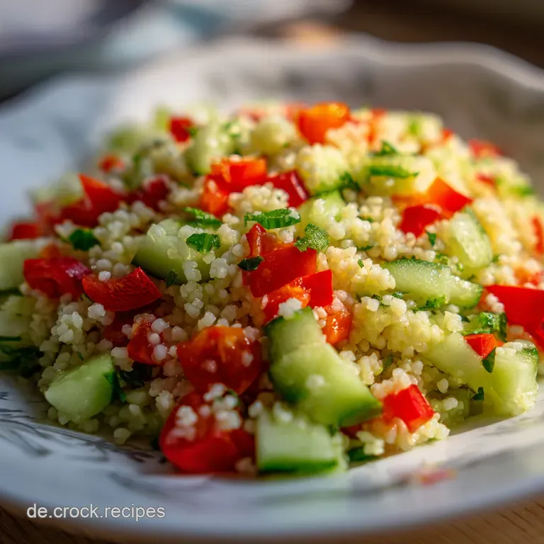 Auf einer wei&szlig;en Platte angerichteter lockerer Bulgursalat mit gl&auml;nzenden Granatapfelkernen und frischer Minze.