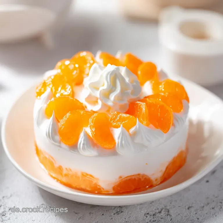 Ein saftiges Kuchenst&uuml;ck auf einem wei&szlig;en Porzellanteller, garniert mit einer frischen Mandarine auf hellem Holz.
