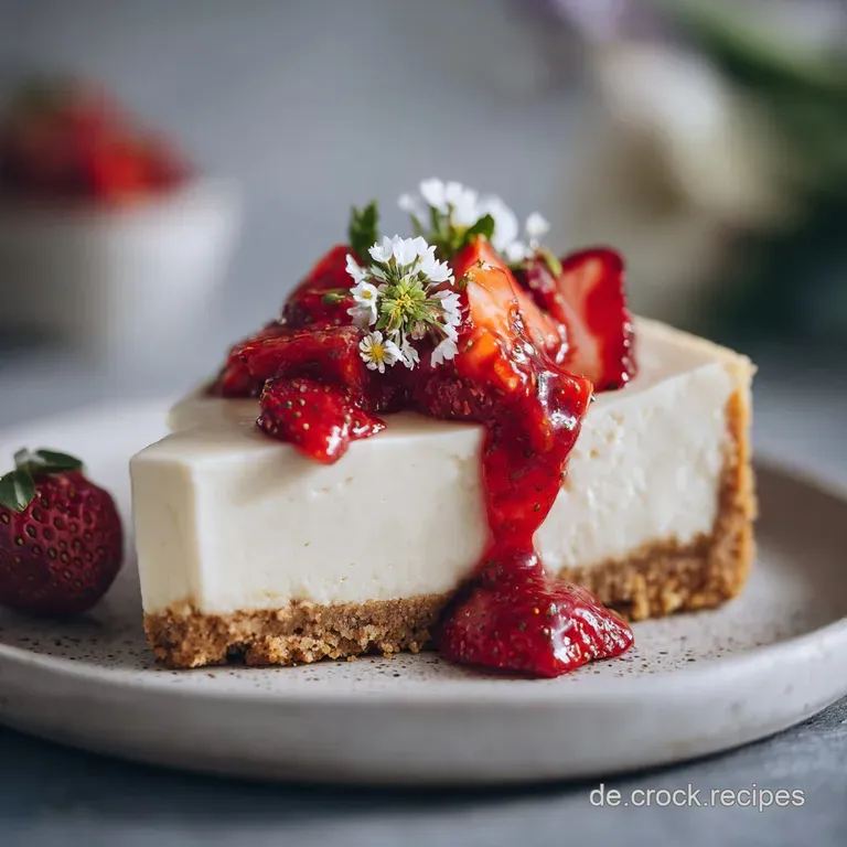 Slice of vegan cheesecake with crumbly golden crust on a white plate. Dusted sugar. Dessert presentation, inviting texture.