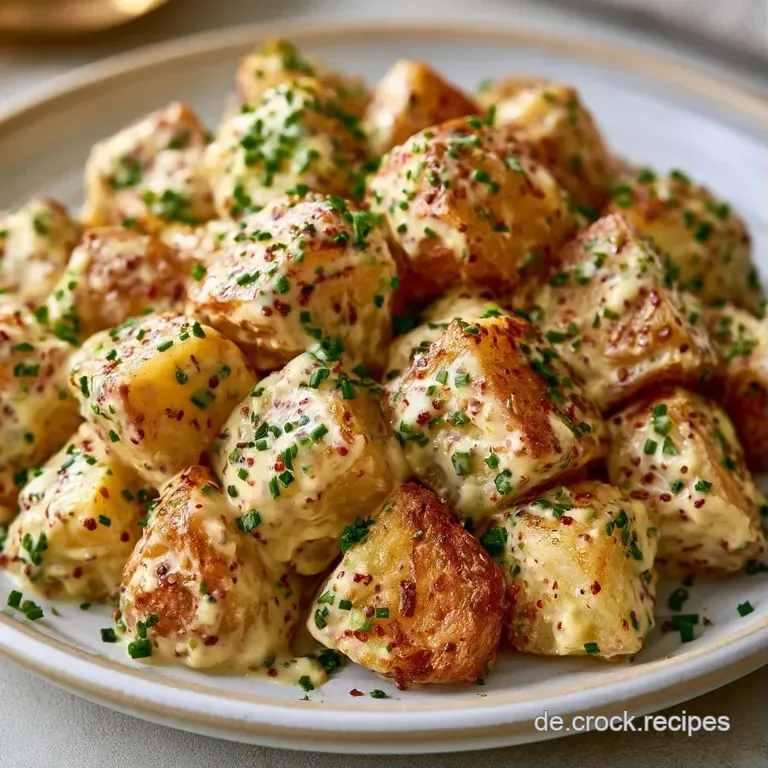 Eine elegante Anrichtung cremiger Kartoffelw&uuml;rfel auf einer wei&szlig;en Platte, verziert mit frischem Gr&uuml;n und Pfefferk&ouml;rnern.