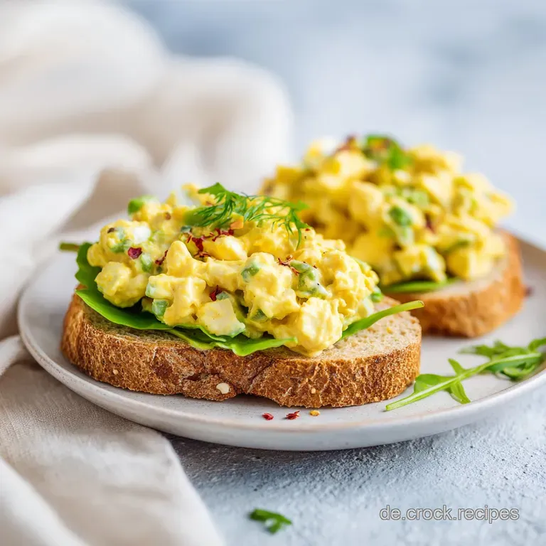 A neat swirl of savory chickpea 'egg' salad topped with paprika and chives on toasted rye bread.