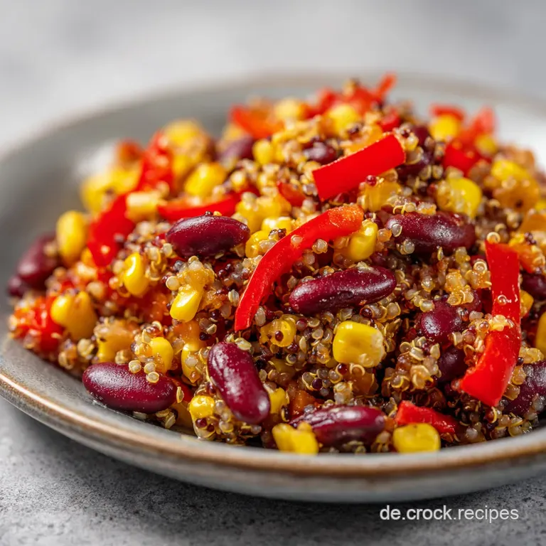 Elegante Keramikplatte mit einer farbenfrohen Mischung aus hellen K&ouml;rnern, H&uuml;lsenfr&uuml;chten und roten Paprikaw&uuml;rfeln.