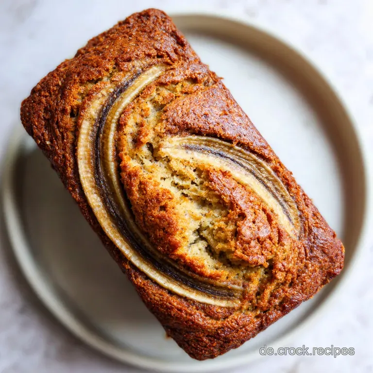 A thick slice of moist banana bread topped with fresh berries and a dusting of powdered sugar on a white plate.