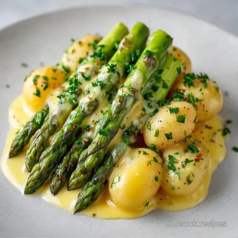 Zwei Portionen saftiger Spargelstangen, kunstvoll angerichtet mit gl&auml;nzender Sauce und frischen Kr&auml;utern auf Porzellan.