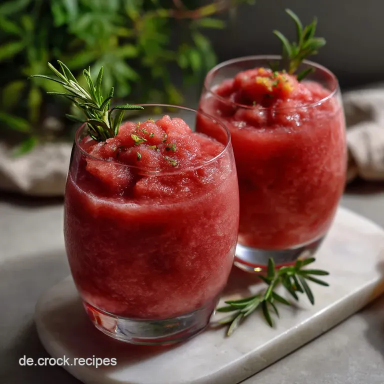 Frosted glass filled with a vibrant ruby-red slushy, garnished with fresh mint, condensation visible, perfect for a hot day.