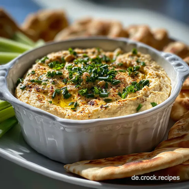 Elegant white bean dip in a small bowl, artfully drizzled with olive oil and sprinkled with fresh, green herbs.