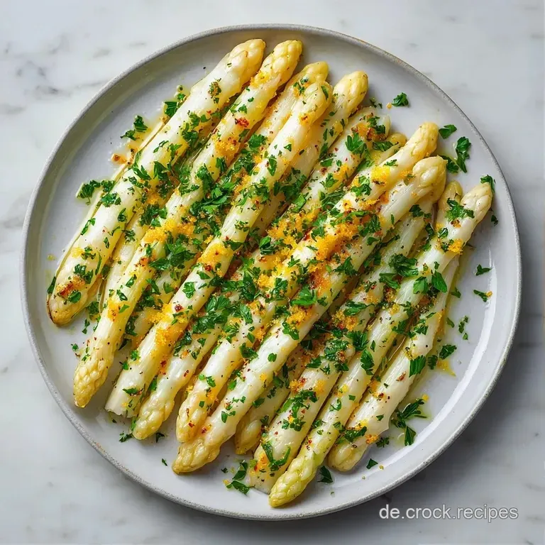 Elegant angerichtet: zarte, helle Spargelstangen auf wei&szlig;em Porzellan, begleitet von gelber Sauce und Zitrone.