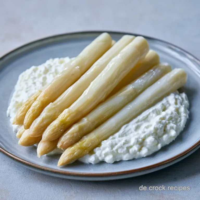 Elegant angerichtete wei&szlig;e Spargelspitzen, gl&auml;nzend von geschmolzener Butter, serviert auf einer flachen Porzellanplatte.