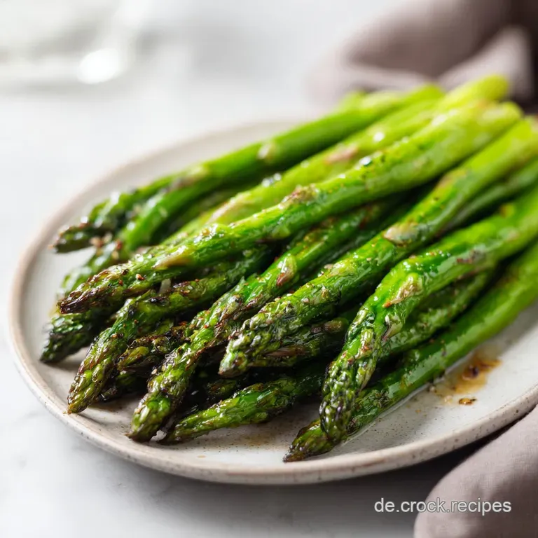 Neatly arranged, tender green asparagus spears on a white plate with a drizzle of hollandaise.