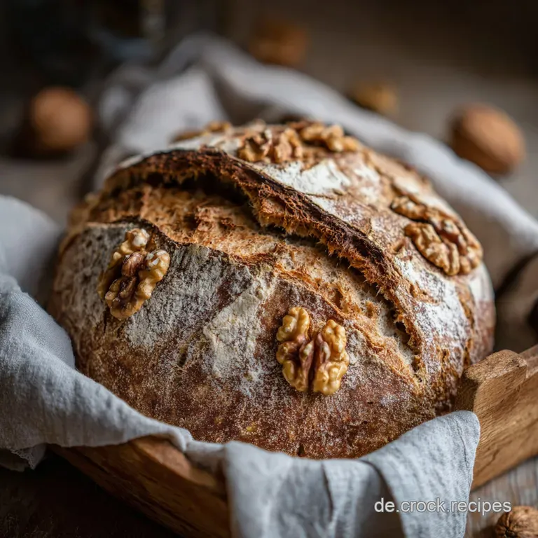 A thick slice of crusty sourdough bread, revealing a soft, airy crumb with scattered walnuts.