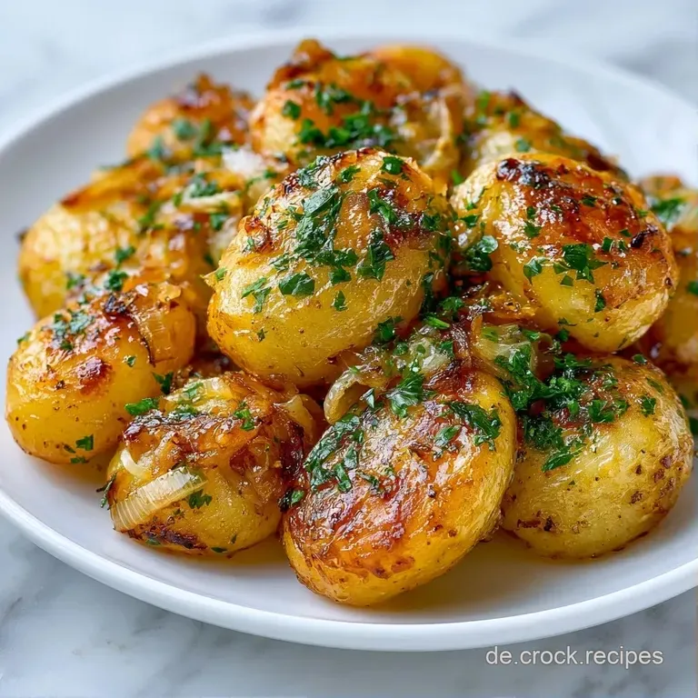Eine wei&szlig;e Keramikplatte mit gl&auml;nzenden, goldgelben Bratkartoffeln, garniert mit feinen Kr&auml;utern und frischem Pfeffer.