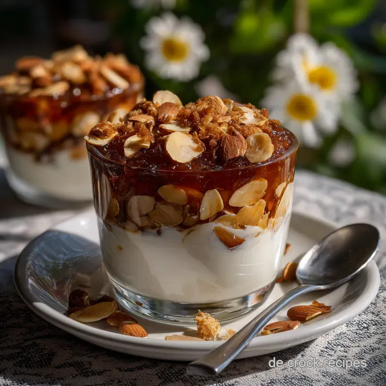 Elegant parfait layers in a clear glass, sprinkled with golden-brown candied almonds and a dusting of cinnamon powder.