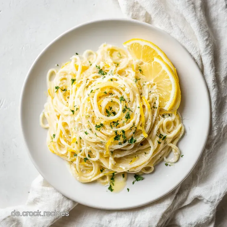 Elegant plate showcasing tender pasta bathed in bright lemon-butter sauce, garnished with fresh green herbs.